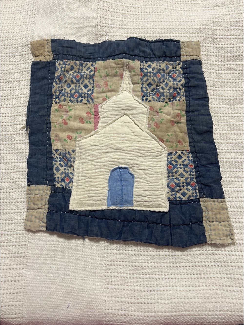 Vintage Quilted Wall Hanging with Church Design Patchwork